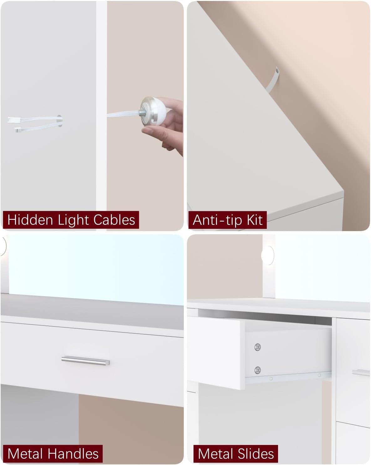 White Vanity Table With Illuminated Mirror Drawers