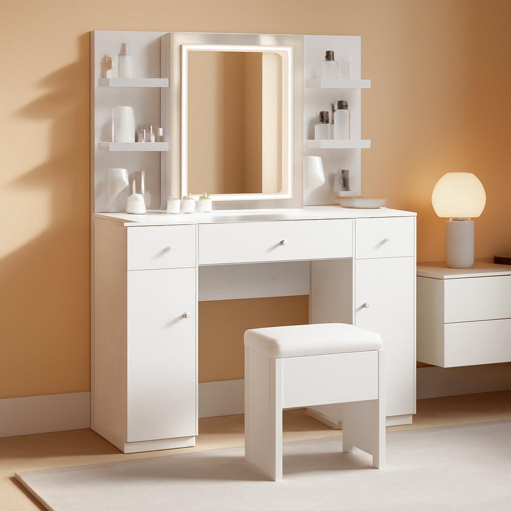 Industrial White Vanity Desk With Illuminated Mirror