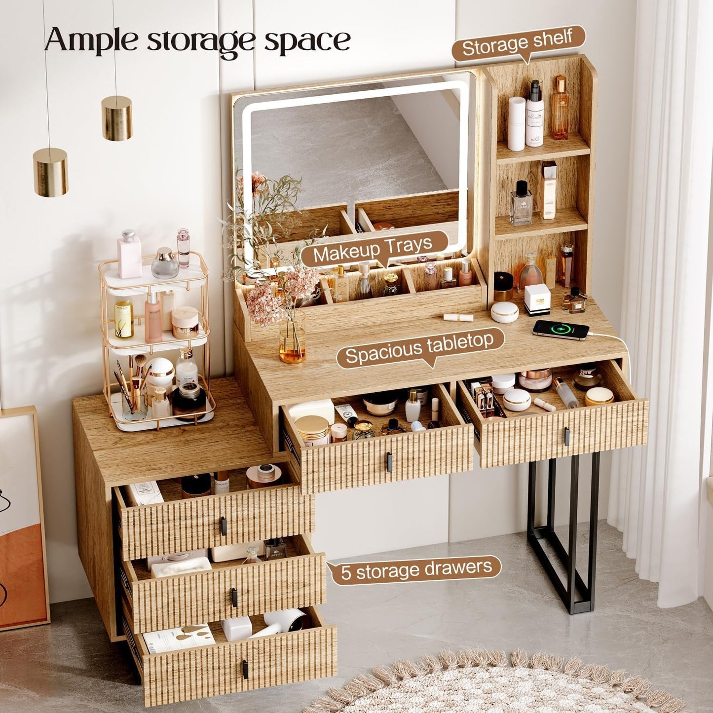 Customizable Vanity Desk With Dimmable Mirror Oak Finish