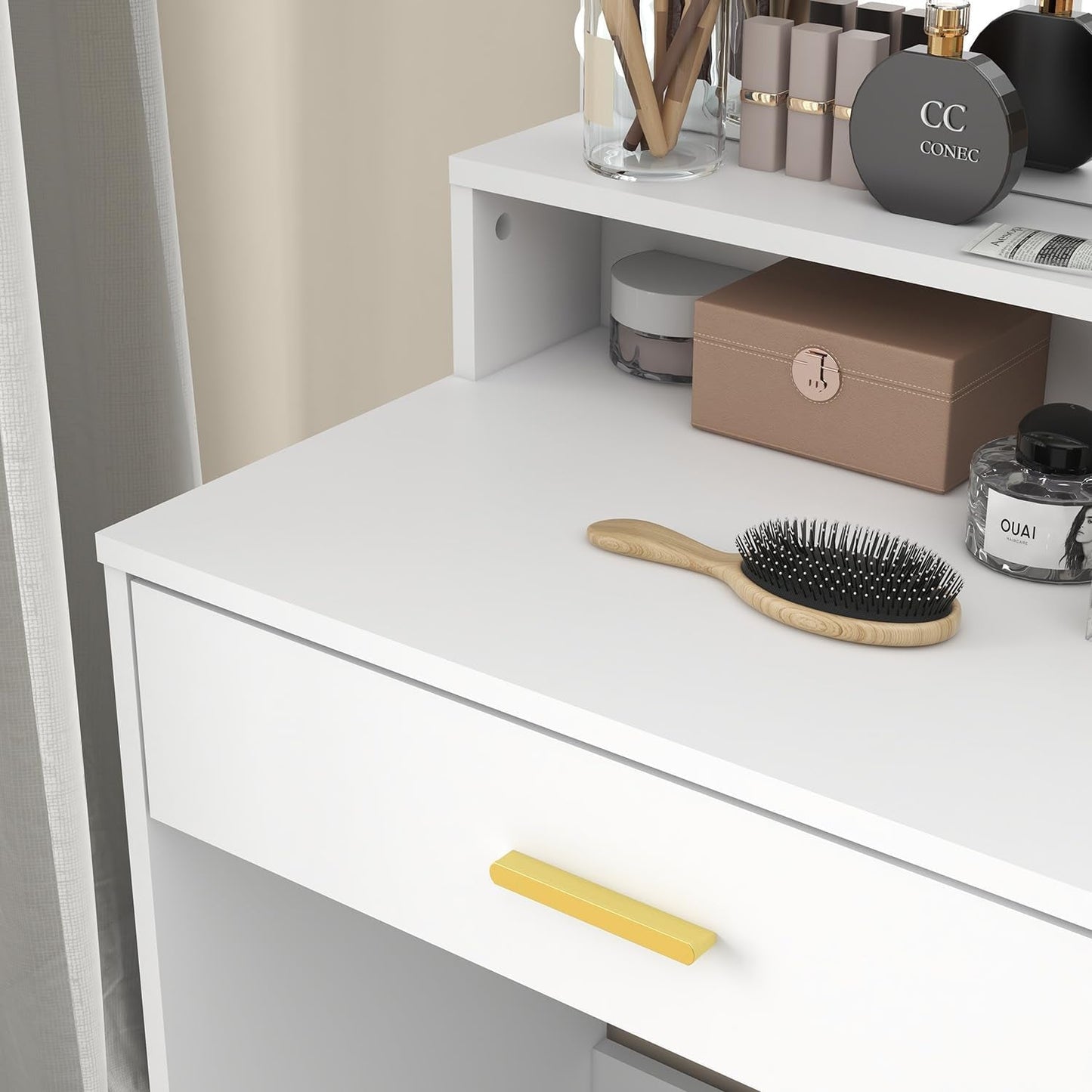 White Vanity Desk With Adjustable Brightness Lights