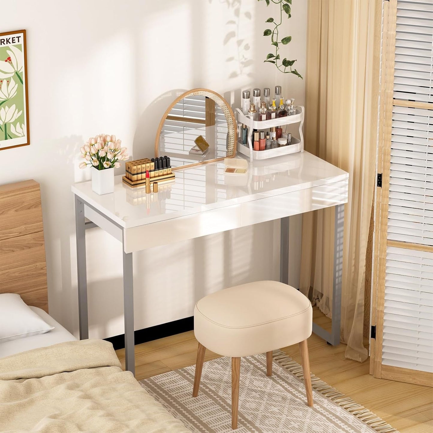 Vanity Desk 39 Inch High Gloss White Cosmetics Drawers
