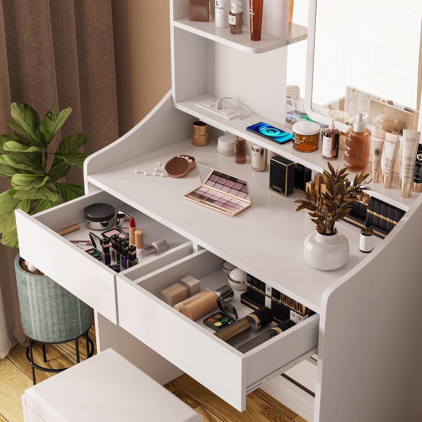 Vanity Desk With Integrated LED Mirror And Charging