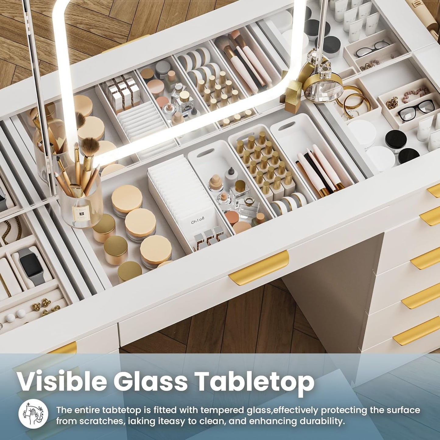 White Glass Top Vanity Desk With Integrated Lighting