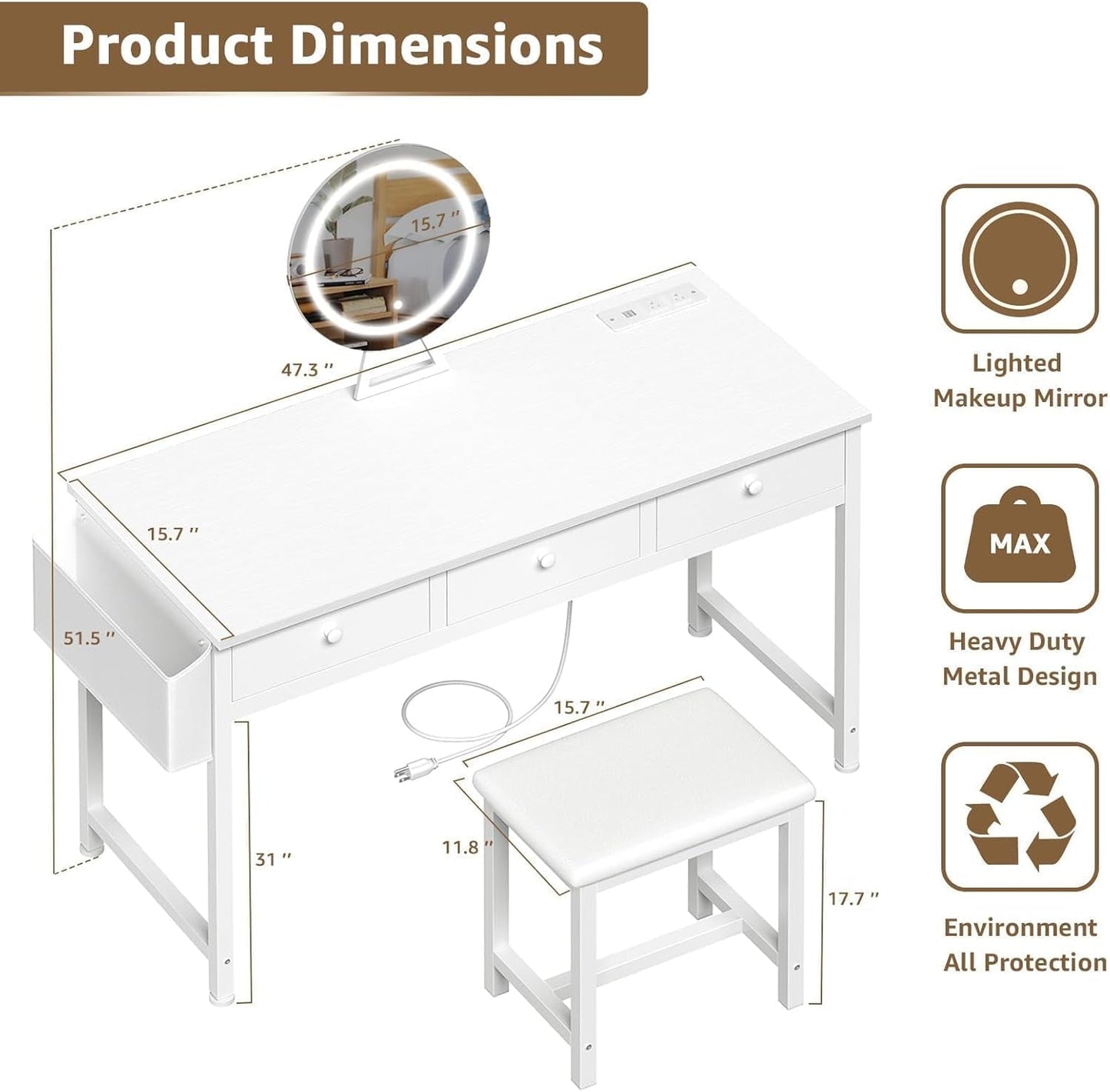 White Makeup Vanity Desk Illuminated Mirror 47 Inch