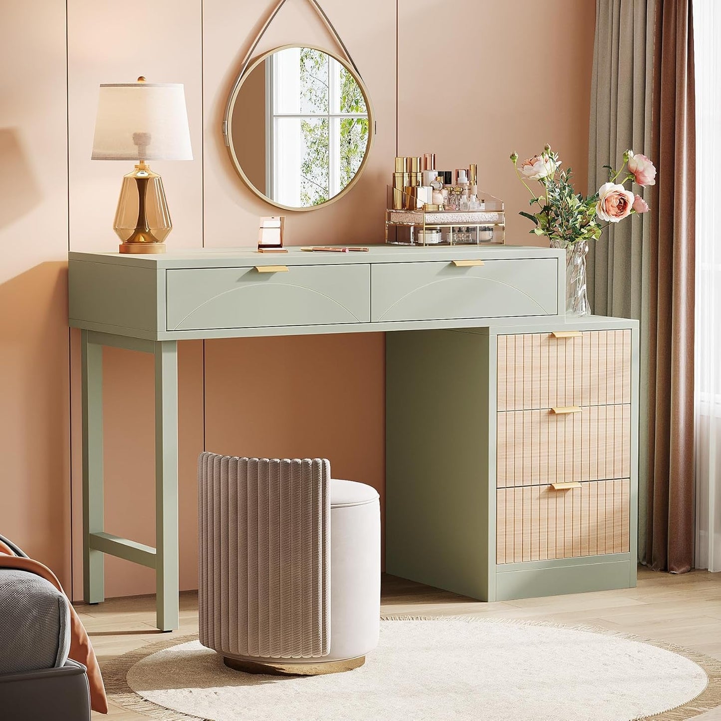 Mint Green Vanity Desk With 5 Drawers For Narrow Spaces