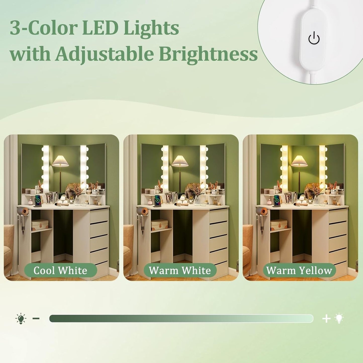White Corner Vanity Desk With Illuminated Five Drawer