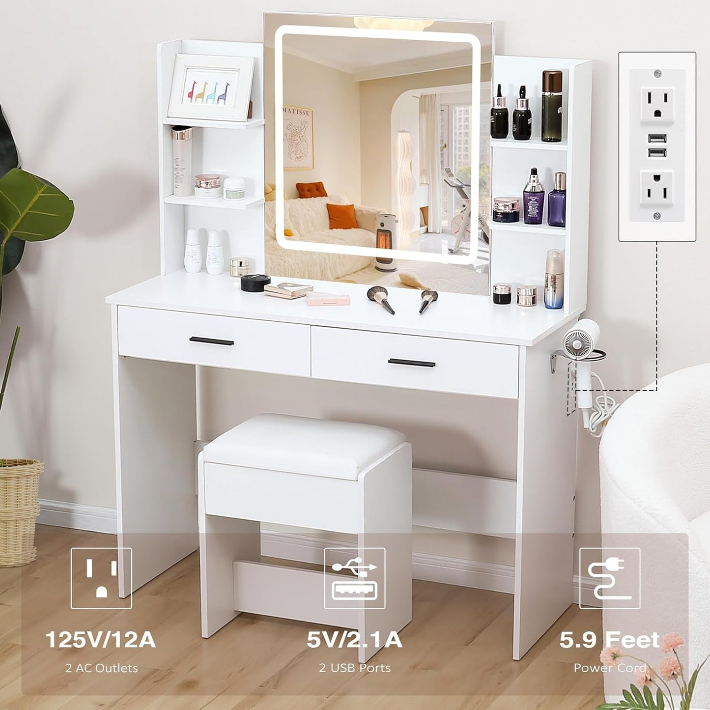 Elegant White Vanity Desk With 42 Inch Wide Mirror Light LED