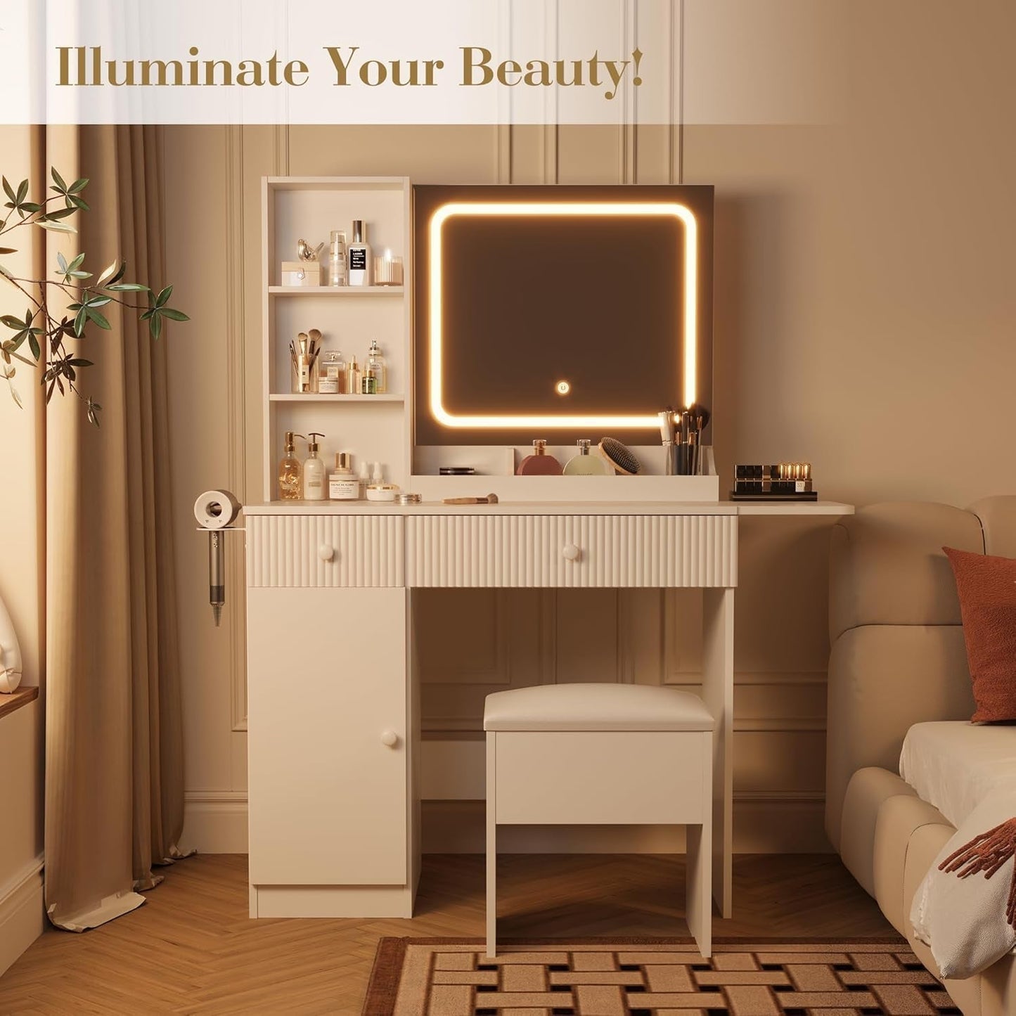White Cosmetic Vanity Desk With Illuminated Mirror
