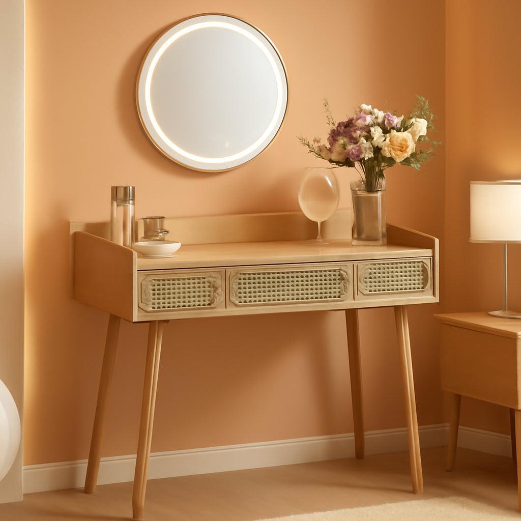 Oak Beige Solid Wood Vanity Desk With Dimmable Mirror