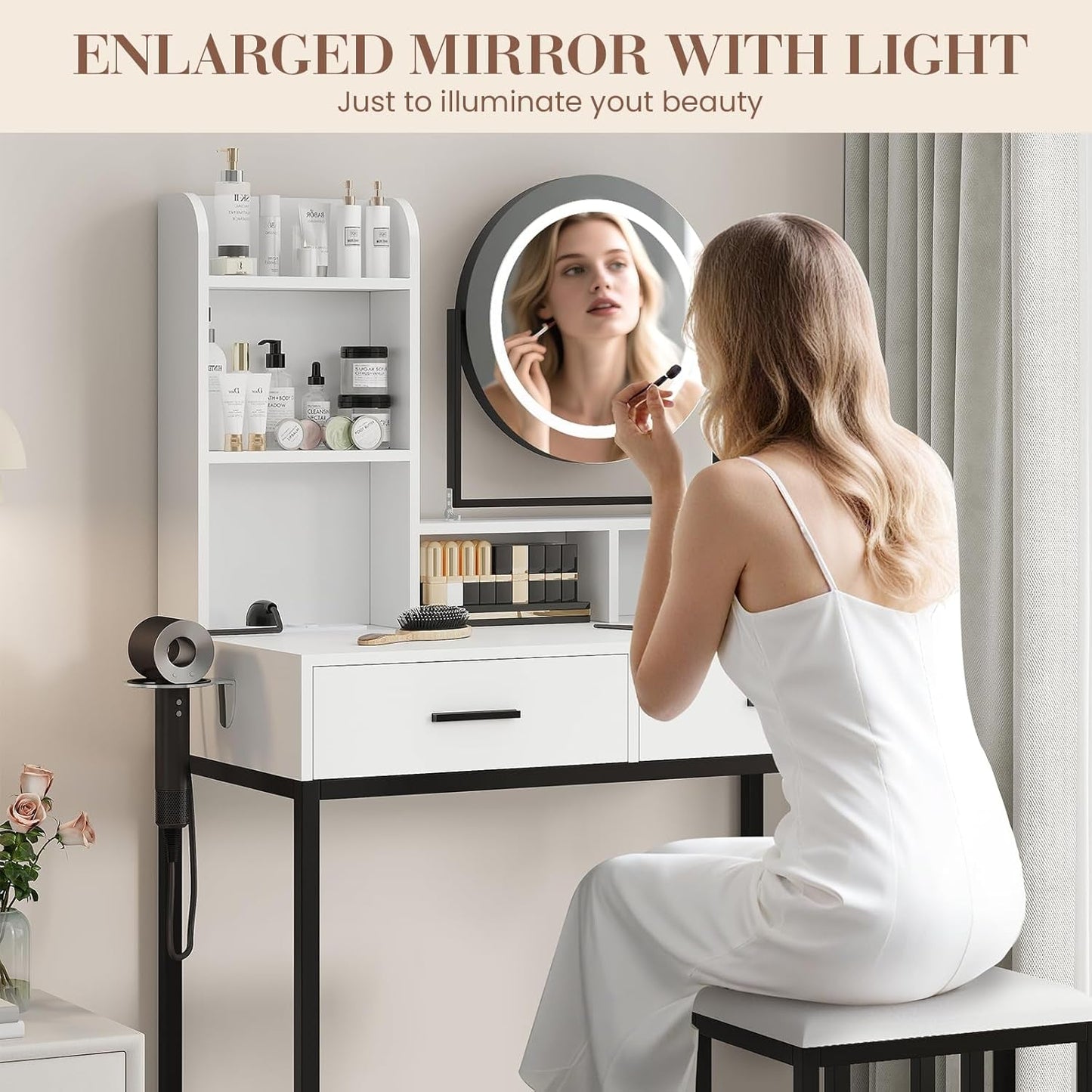 Professional Grade White Vanity Desk Rotating Mirror
