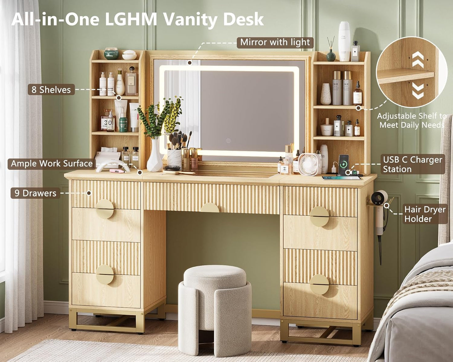 Oak Fluted Vanity Desk 60 Inch Tempered Glass Table top