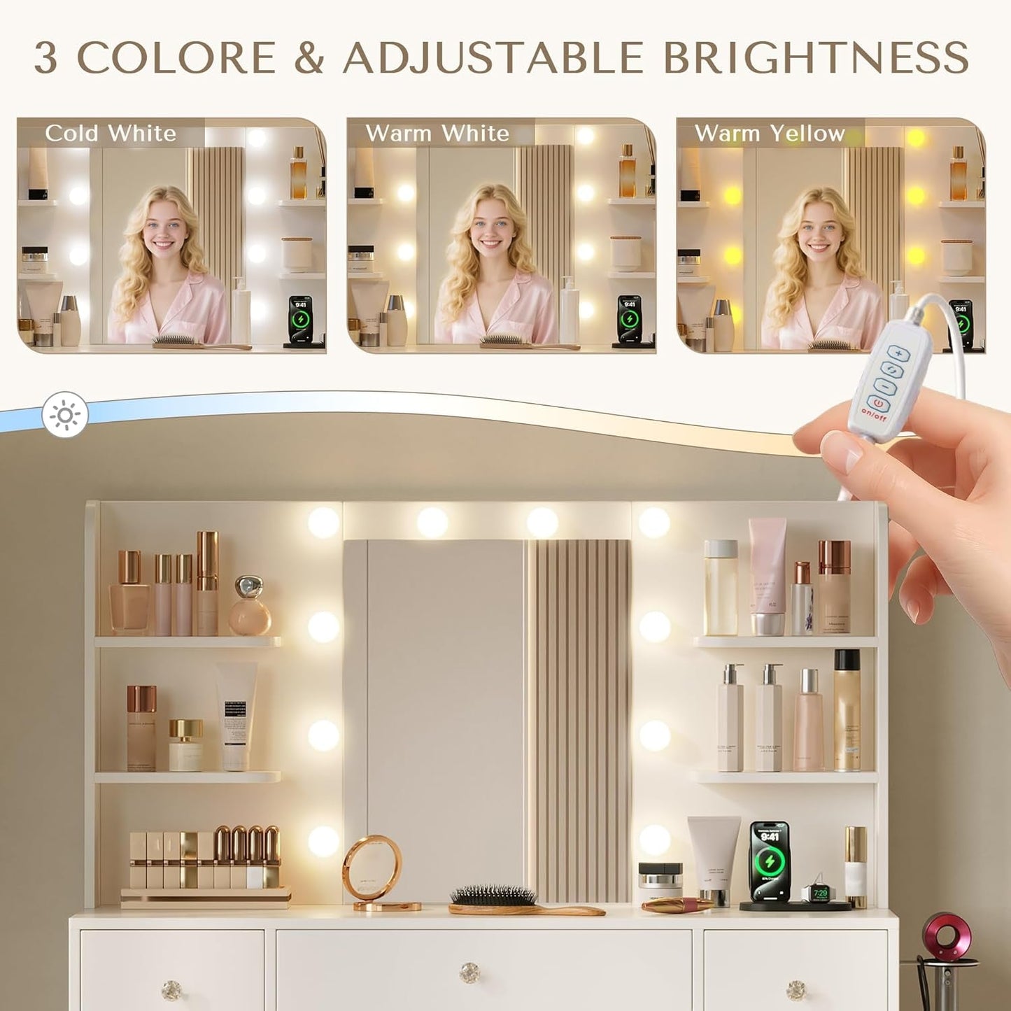White Rhinestone Vanity Desk With Illuminated Mirror