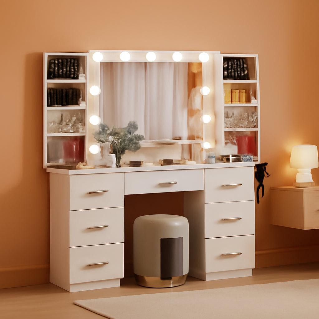 White Vanity Desk With Illuminated Mirror Adjustable