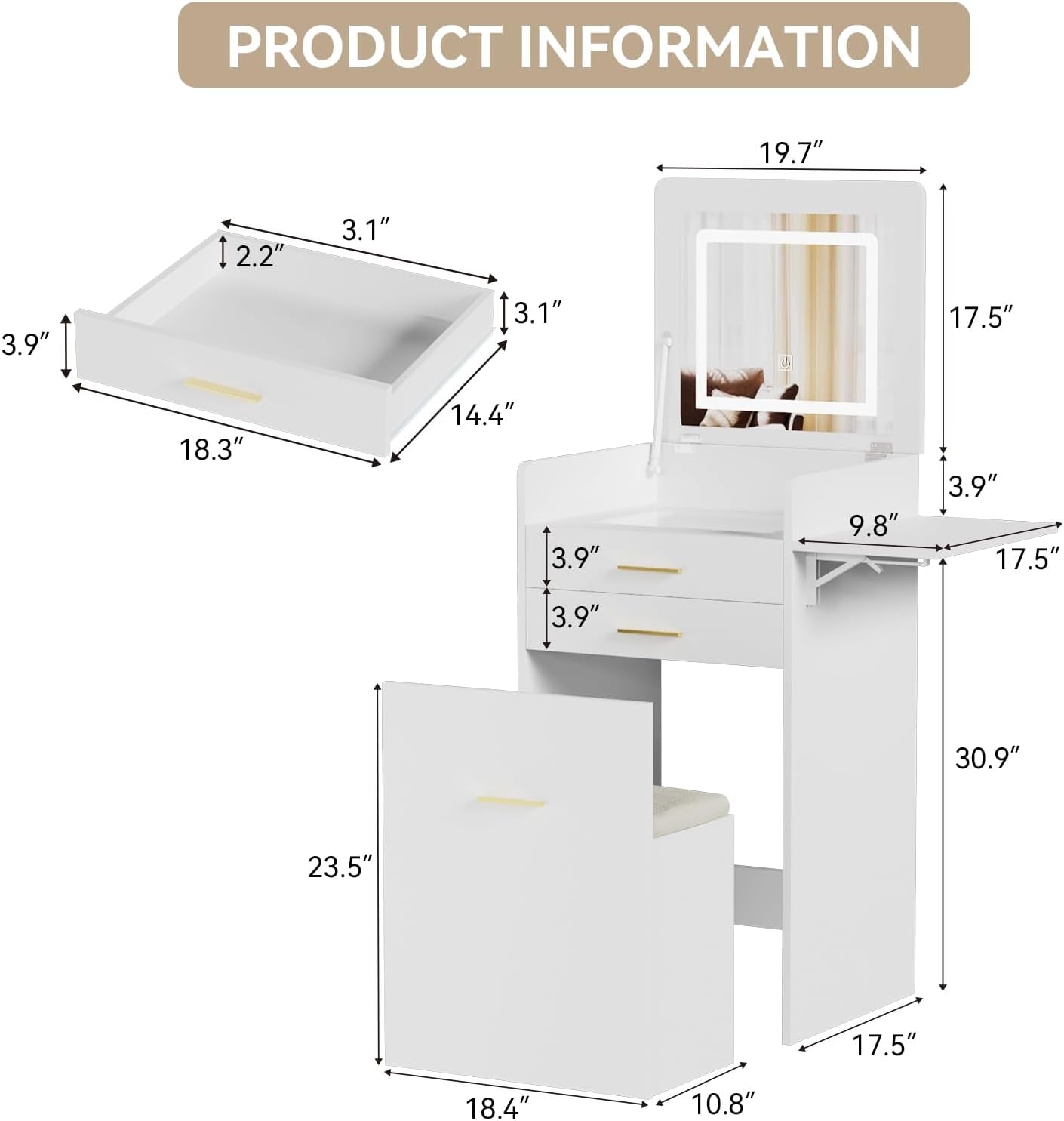 Crisp White Compact Vanity Desk Illuminated Mirror