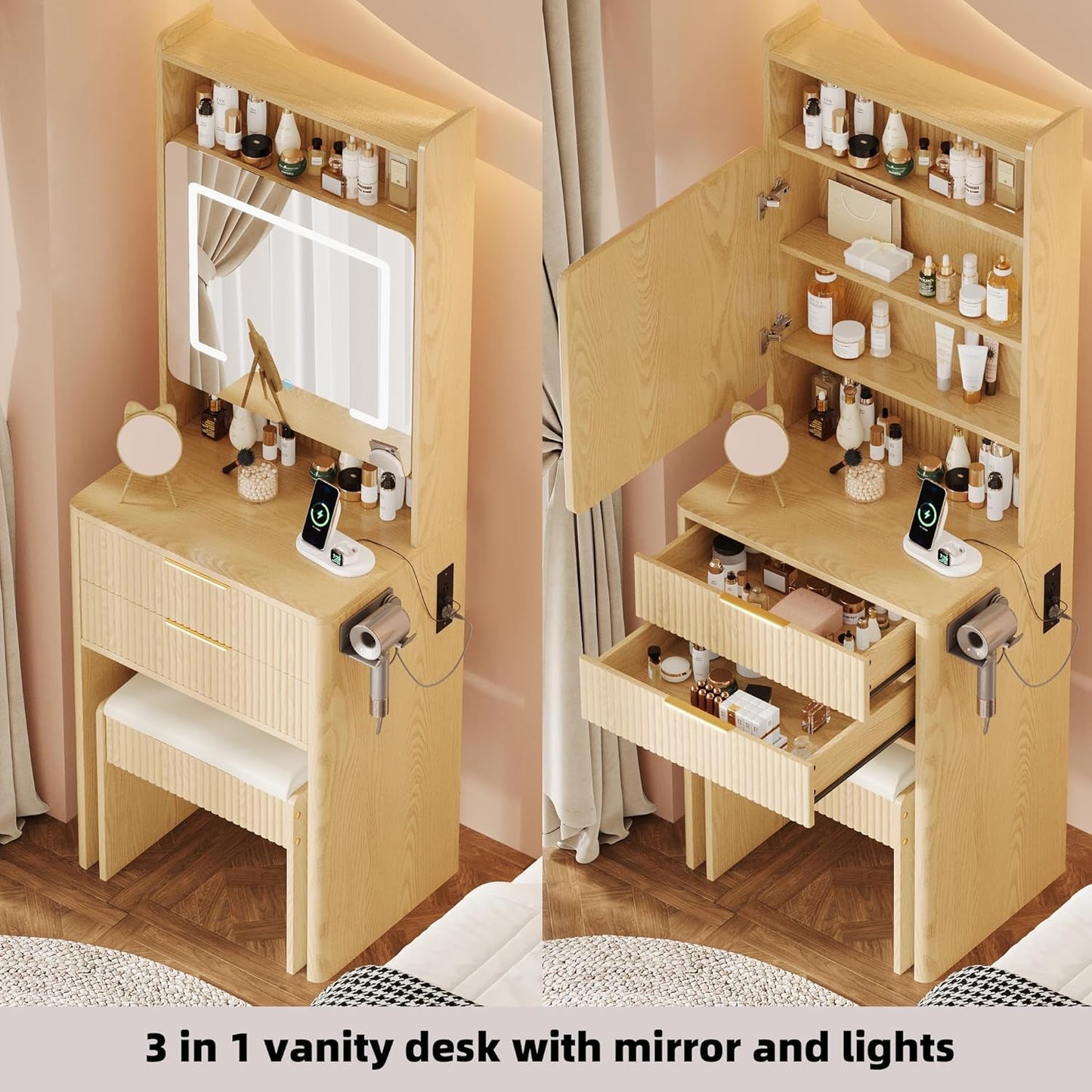 Three In One Vanity Desk Illuminated Storage Drawers