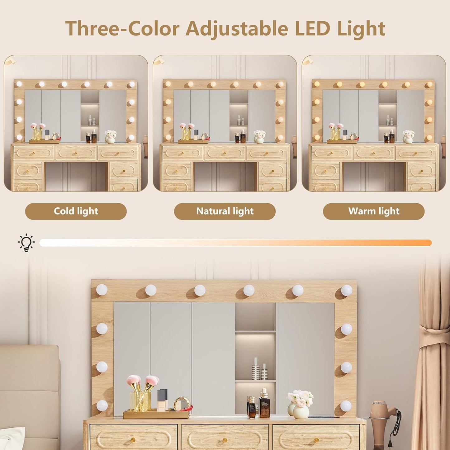 Fluted Vanity Desk Illuminated Mirror Storage Compartments