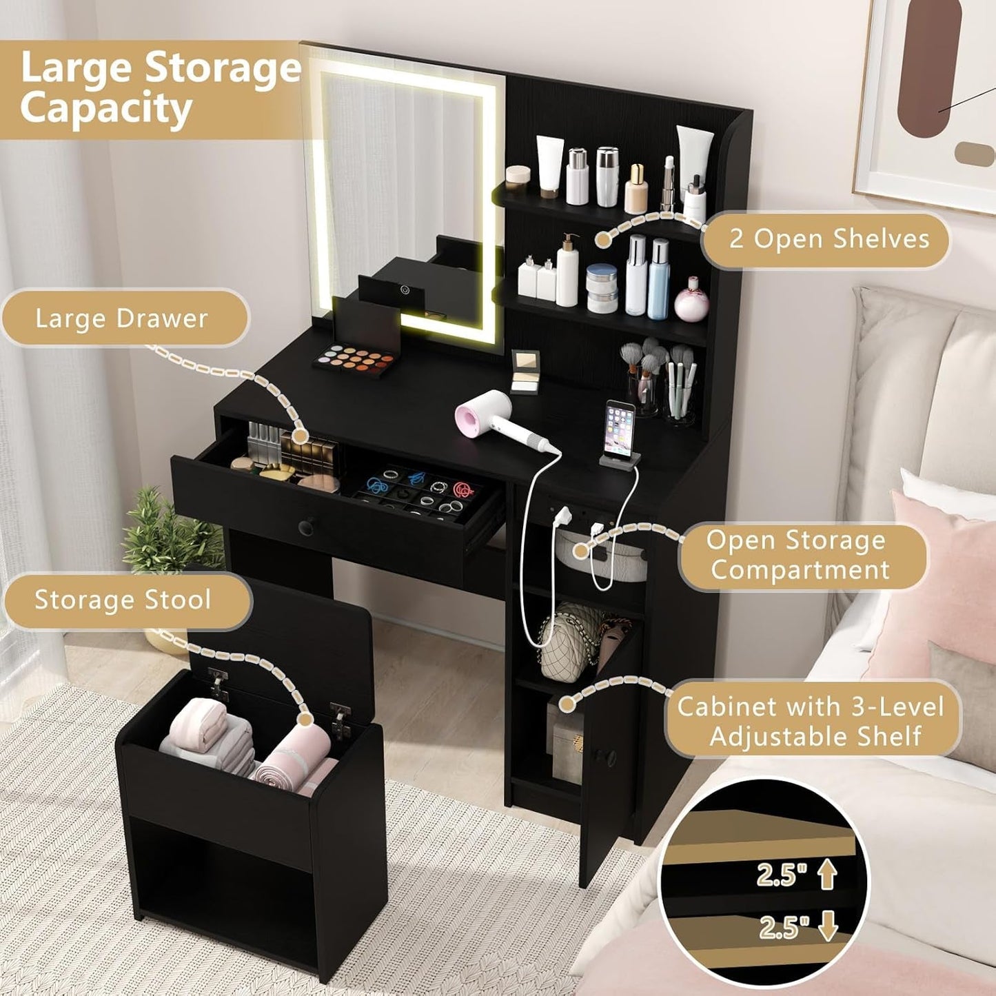 Black Adjustable LED Vanity Desk with Mirror and Charging
