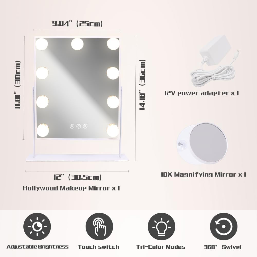 Lighted Vanity Mirror With Detachable 10X Magnification, 15x12 Travel Size