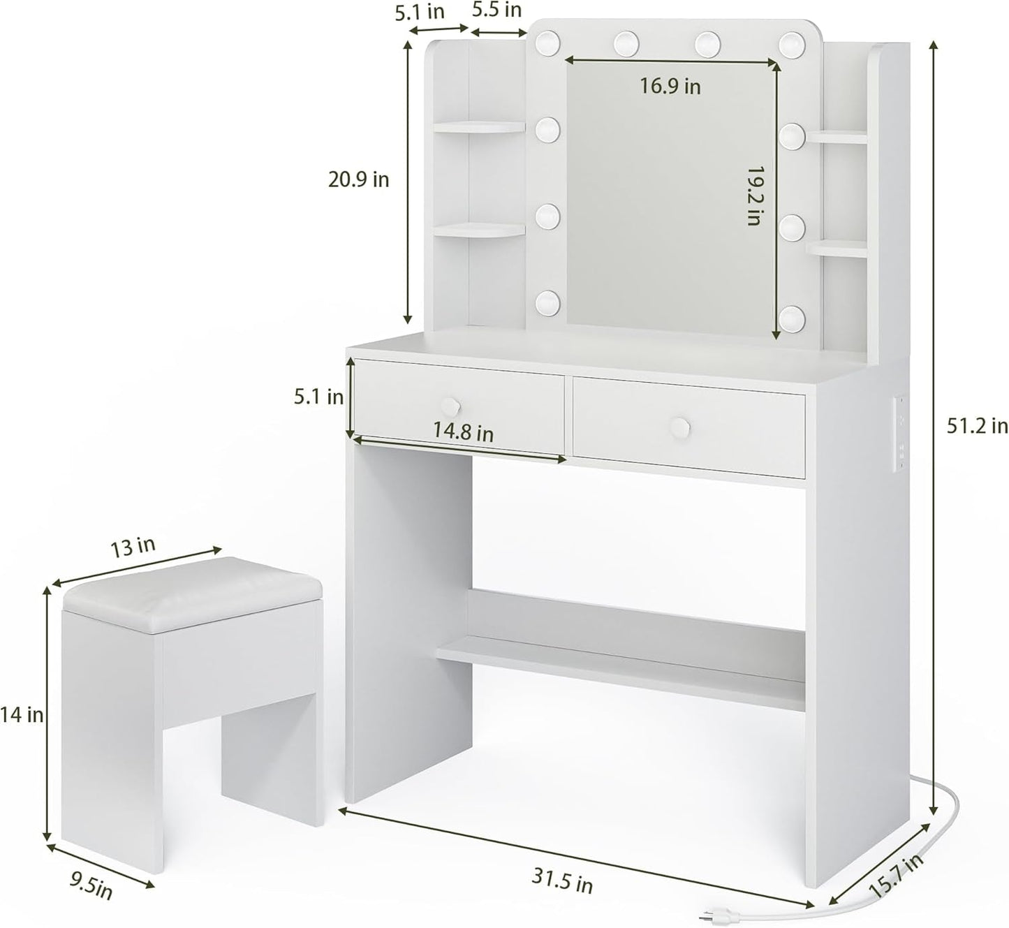White Makeup Vanity Desk With Customizable Lighting