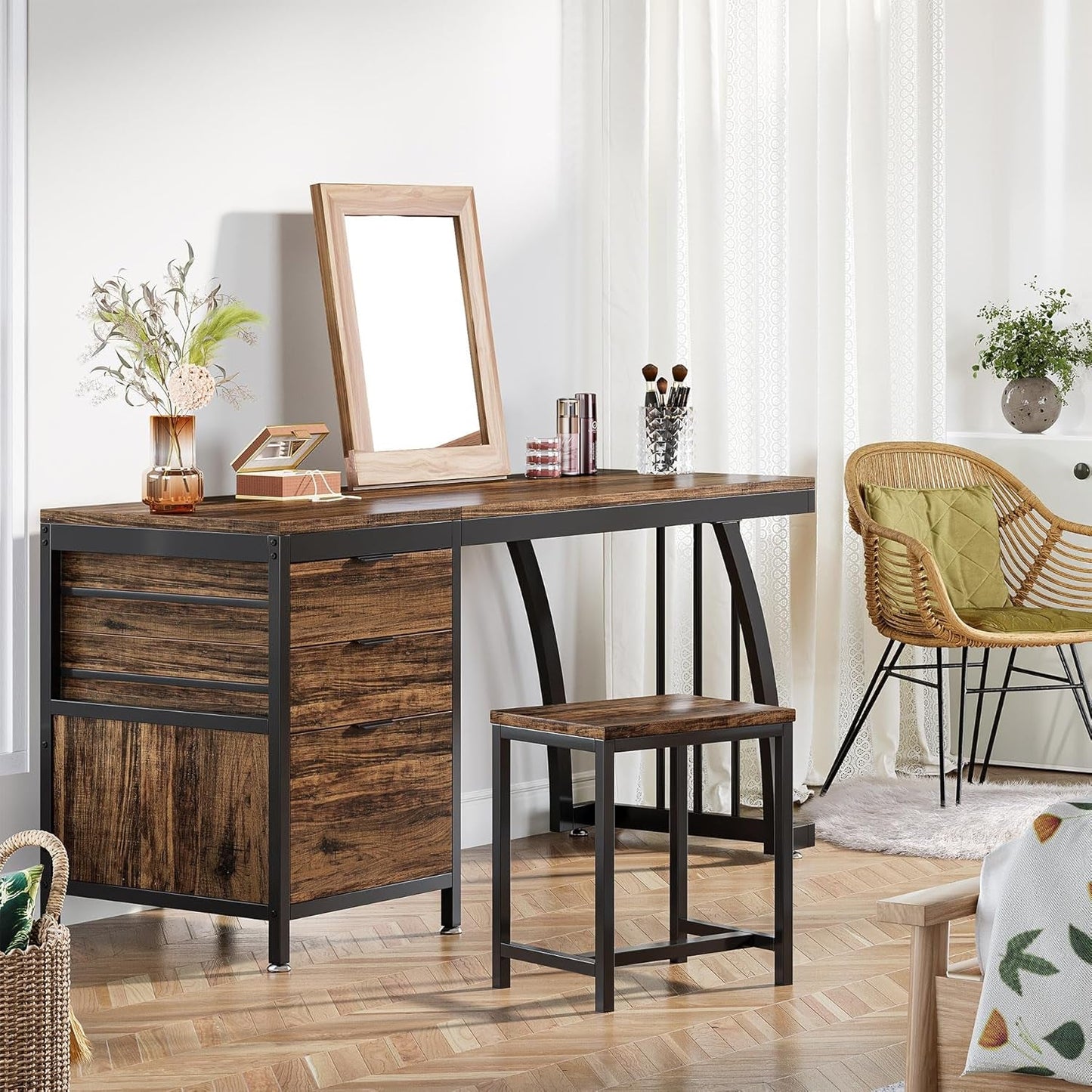 59-Inch Vanity Desk Reversible Drawers Rustic Brown