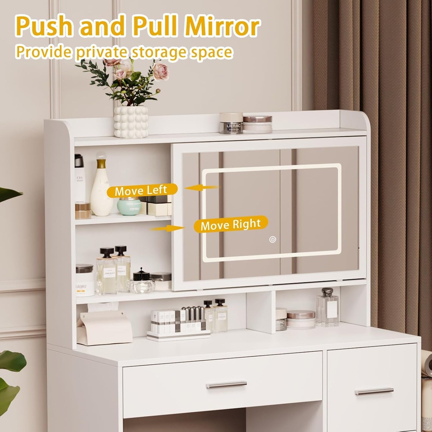 White Vanity Desk With Illuminated Mirror Lighting