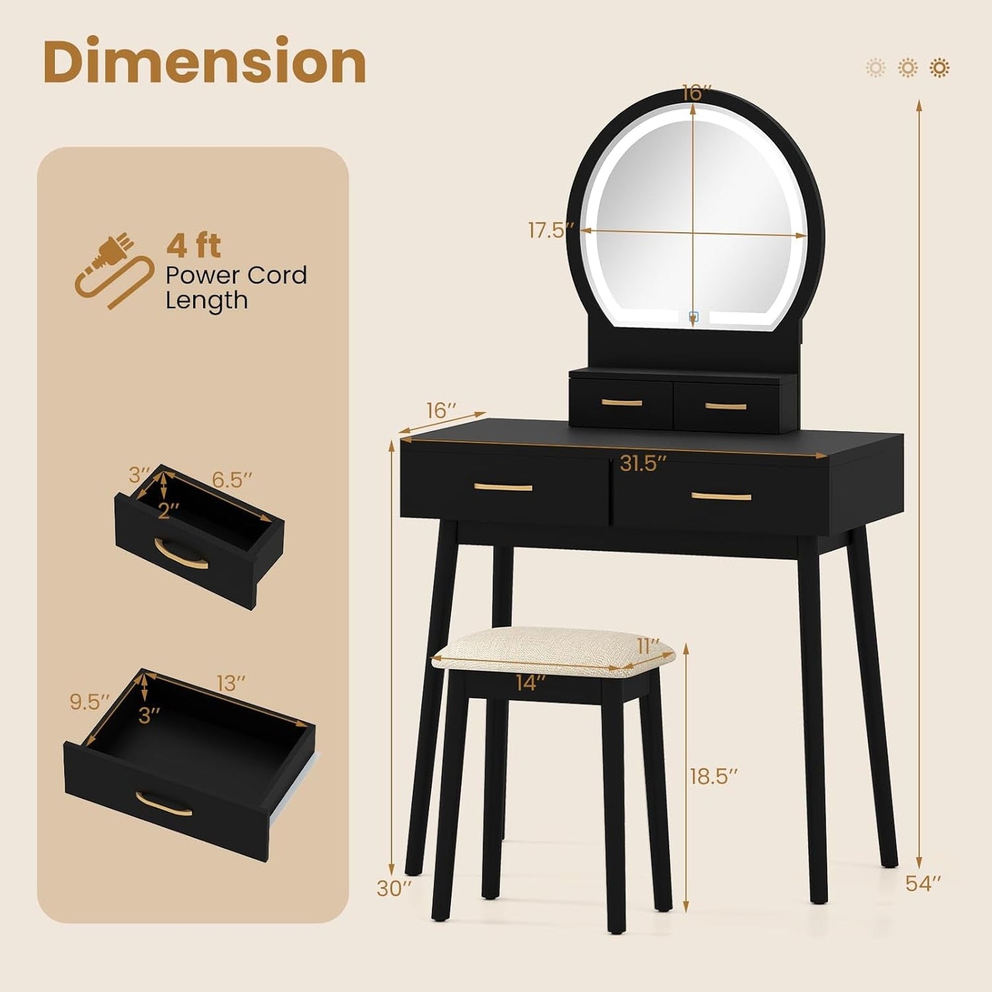 Matte Charcoal Vanity Desk With Dimmable LED Mirror