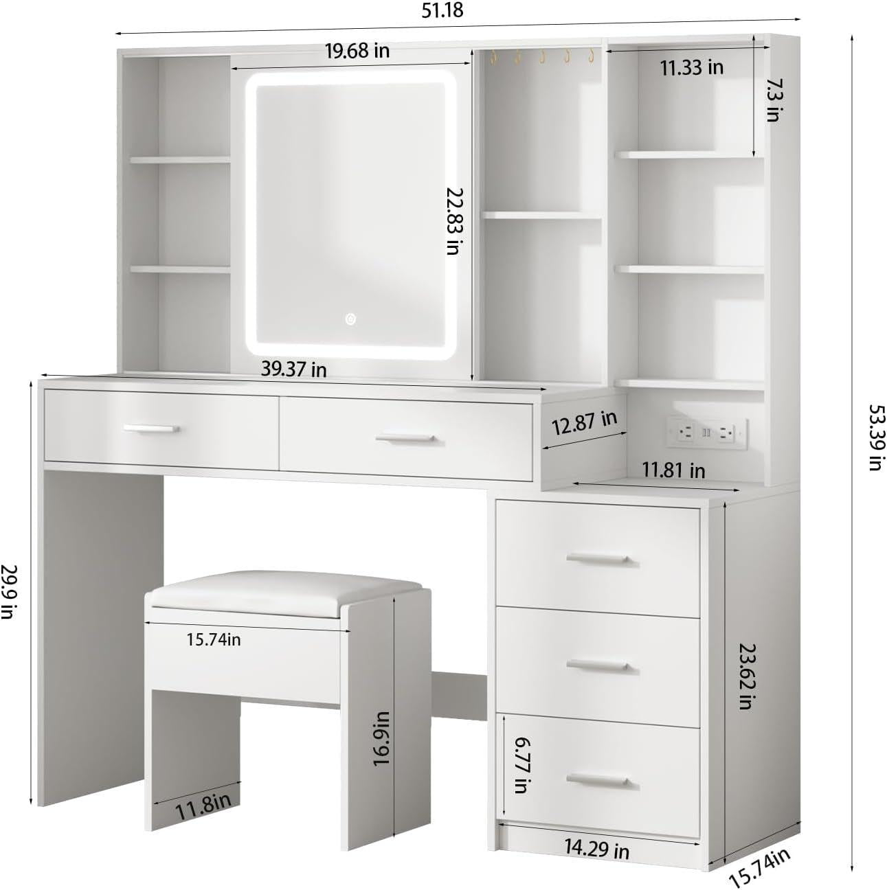 White Vanity Desk With Illuminated Mirror USB Charging Port