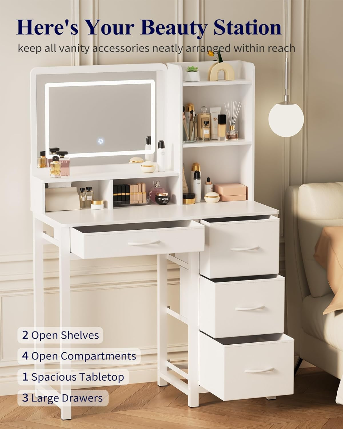 White Vanity Desk With Large Capacity Mirror Lights