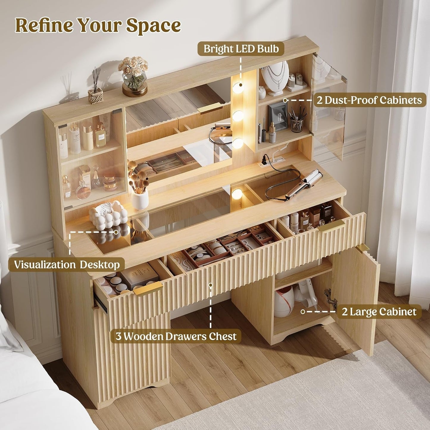 Fluted Wood Vanity Desk 48 Inch Tempered Glass Mirror