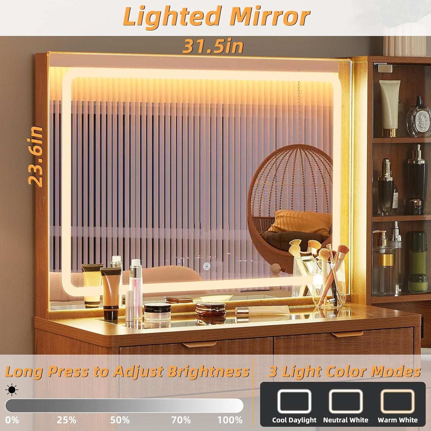 43.5 Inch Vanity Desk With Integrated Mirror Lights