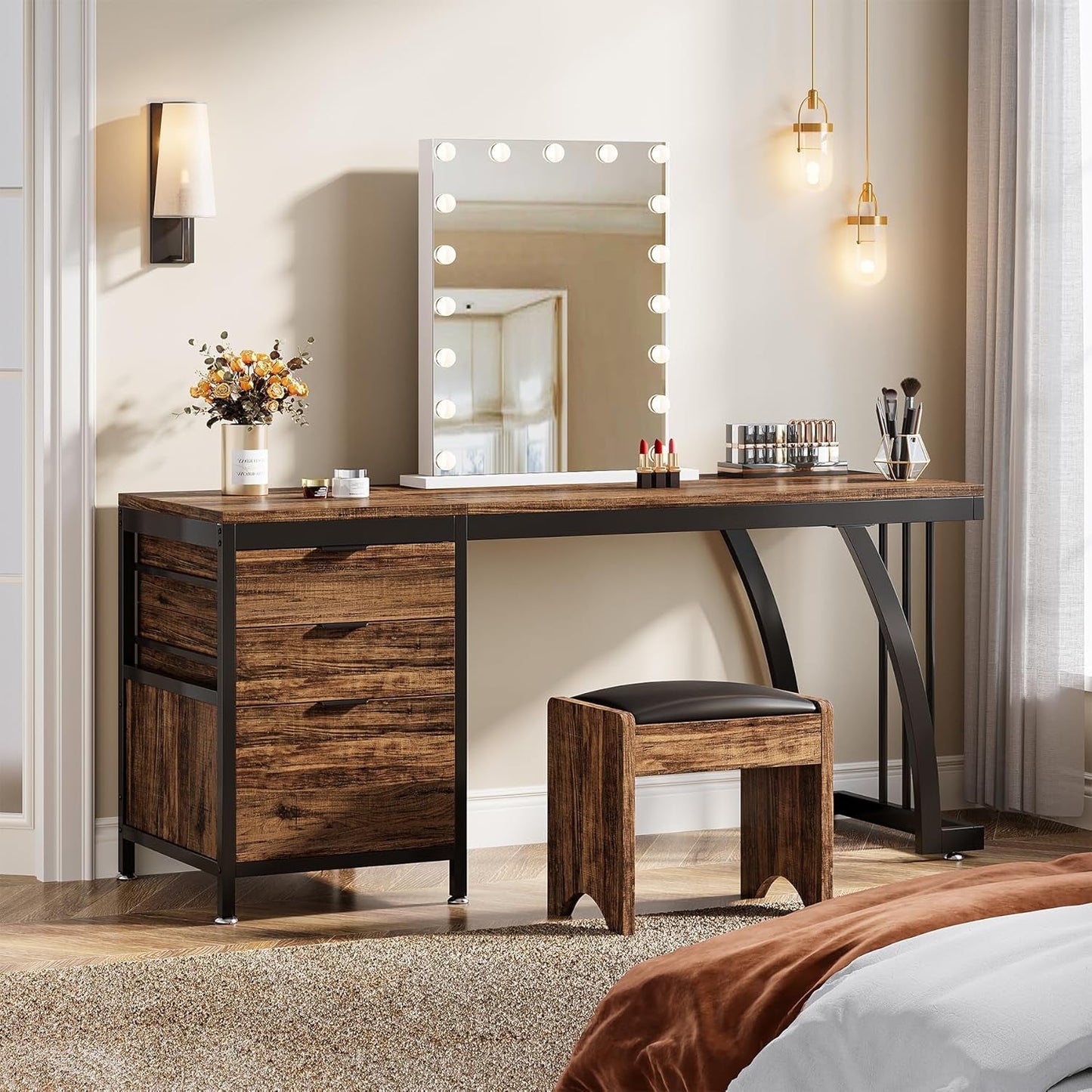 59-Inch Vanity Desk Reversible Drawers Rustic Brown