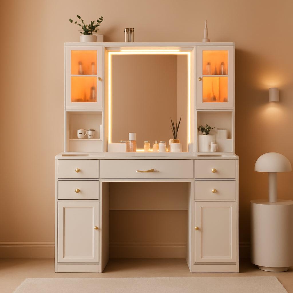 White Vanity Desk With Mirror RGB Ambient Lighting Pro