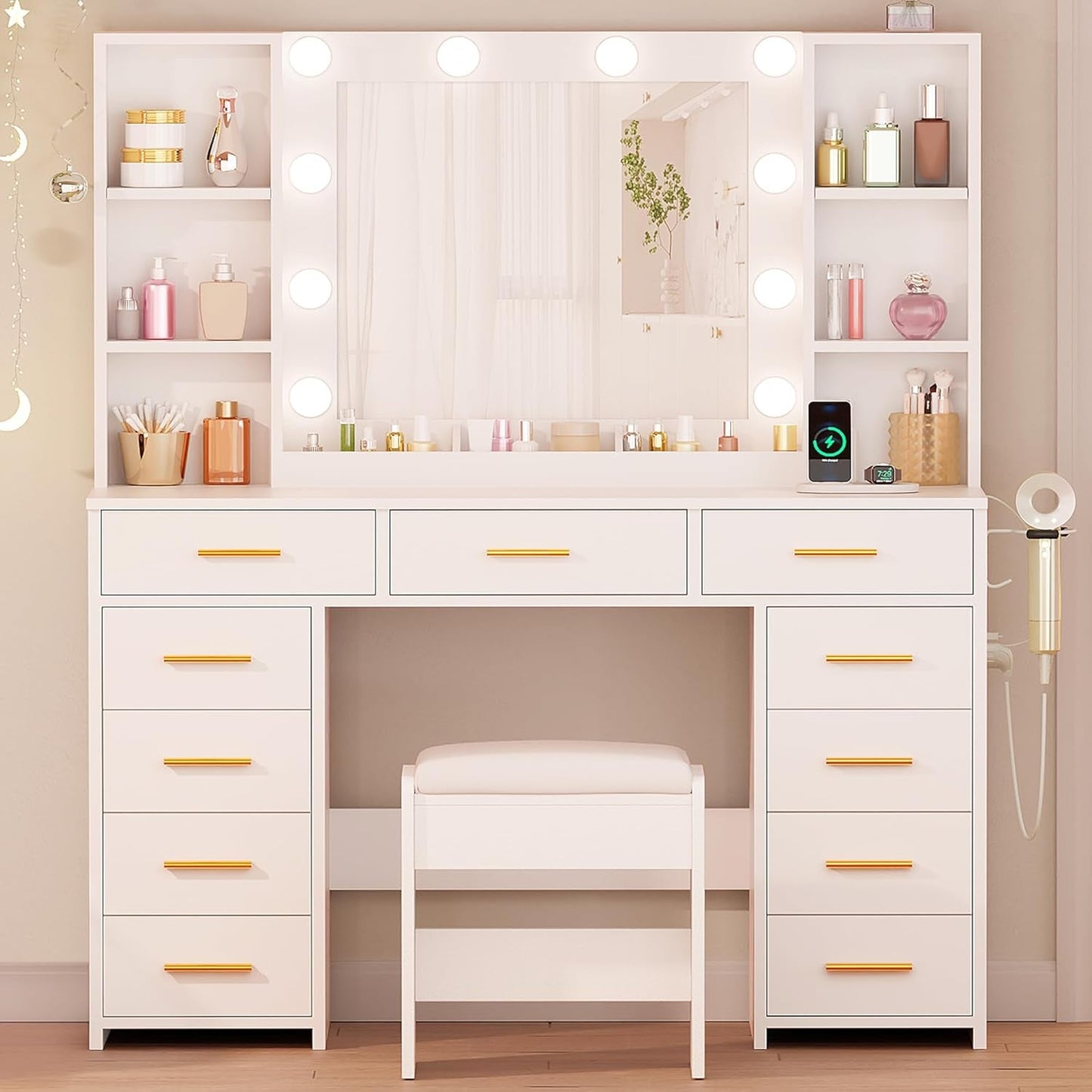 White Cosmetics Vanity Desk With Illuminated Mirror