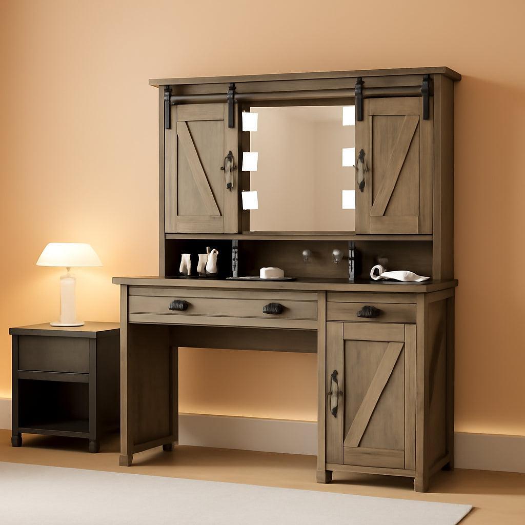 Brown Makeup Vanity With Integrated Lights Storage
