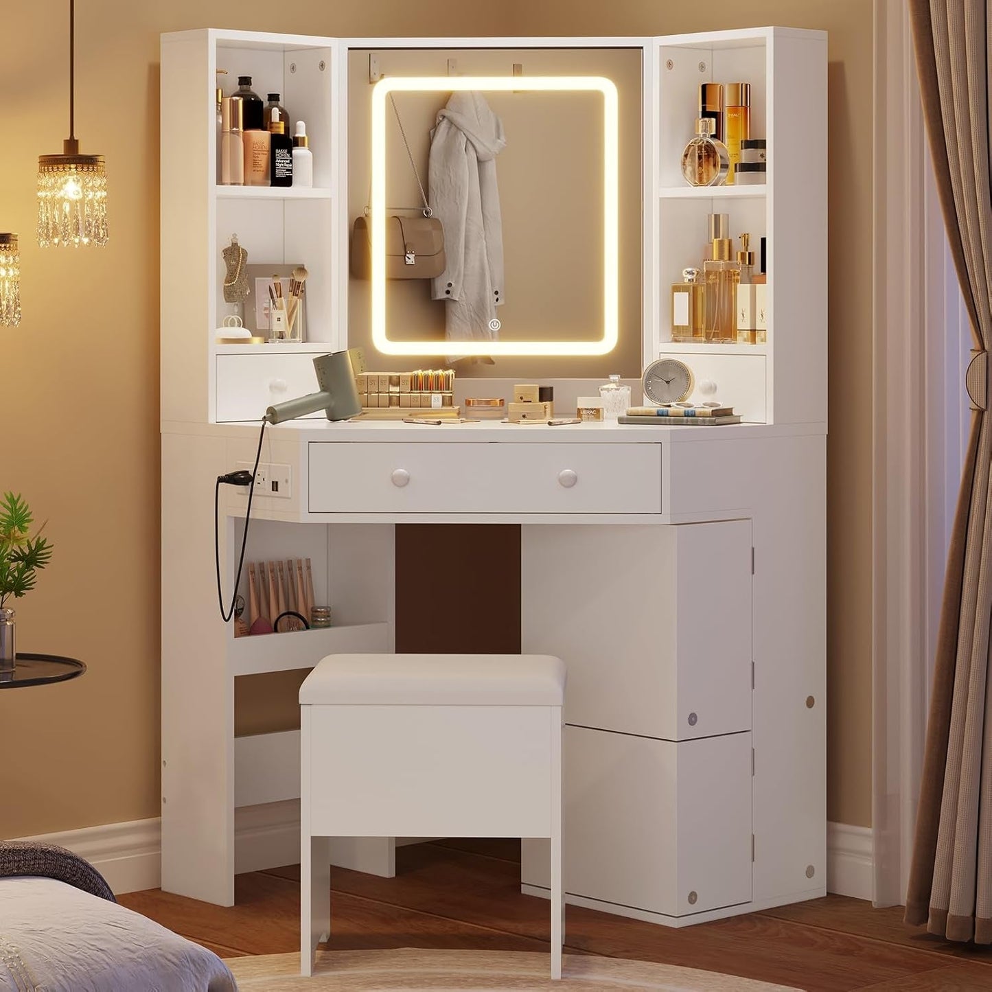 Corner Vanity Console With Illuminated Mirror White