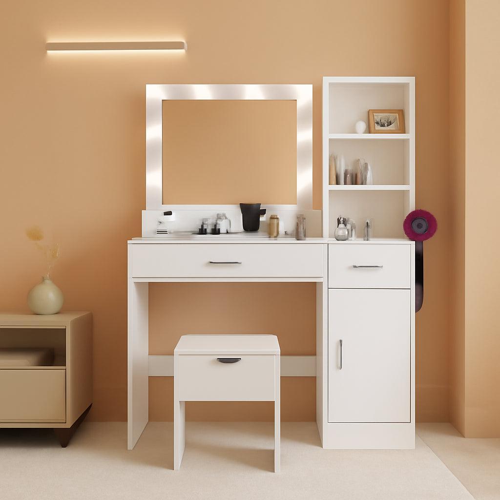White Vanity Desk With Adjustable Lighting Storage