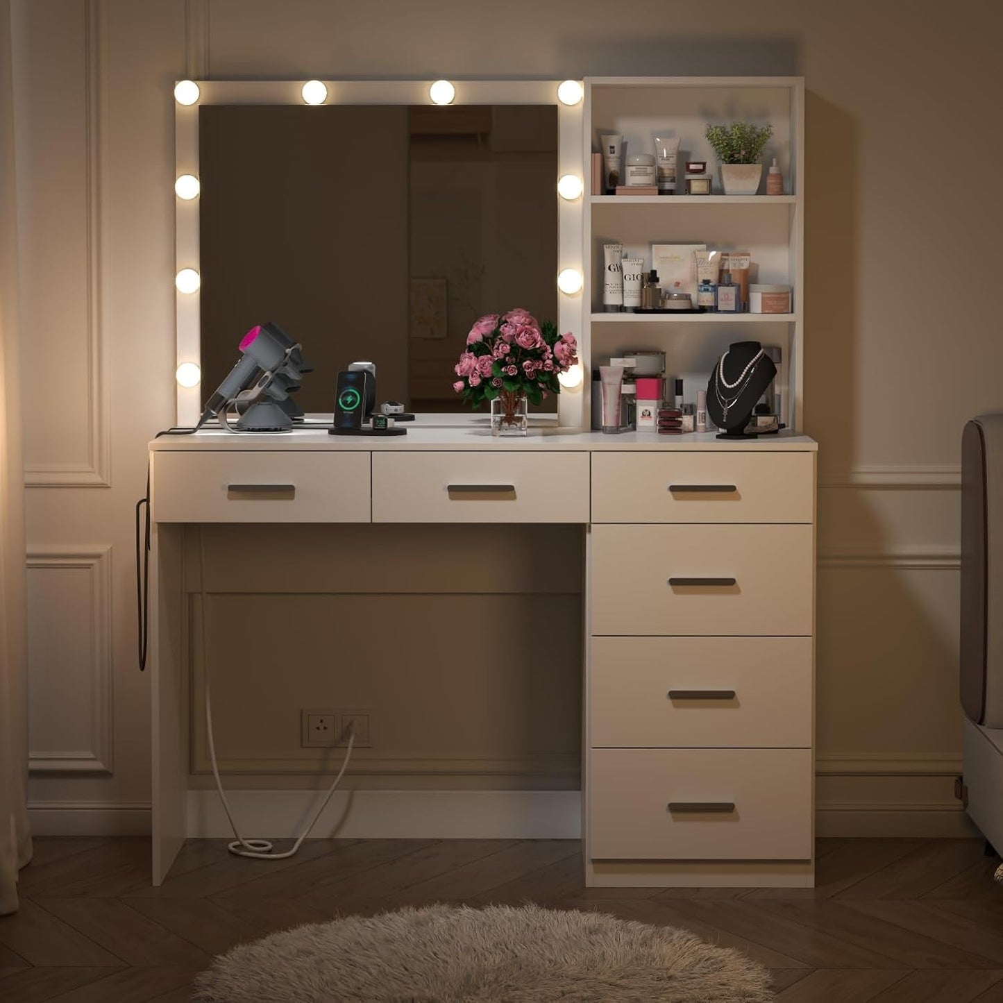 39 Inches White Vanity Desk With Illuminated Makeup Mirror