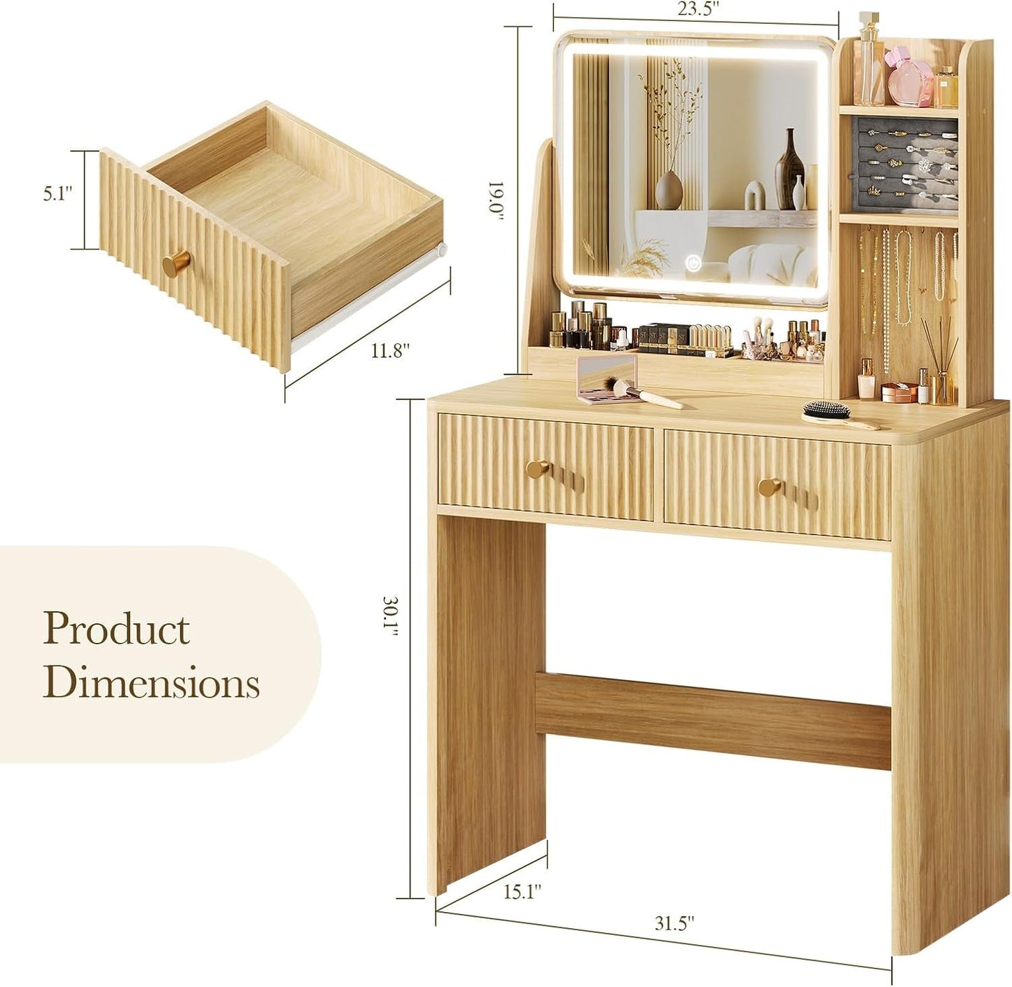 Natural Oak Fluted Vanity Desk Dimmable Illumination