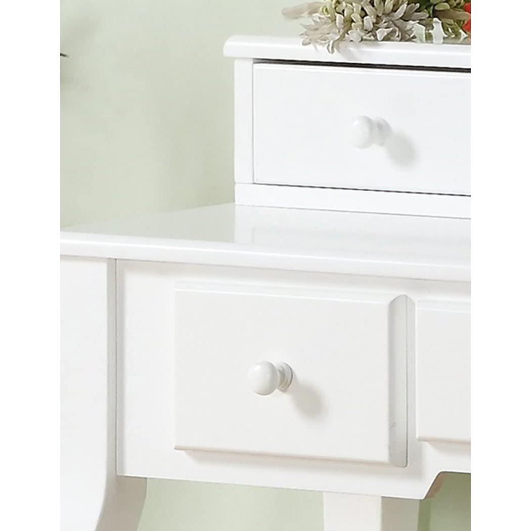 White Wood Makeup Vanity Set With Beige Upholstered Stool