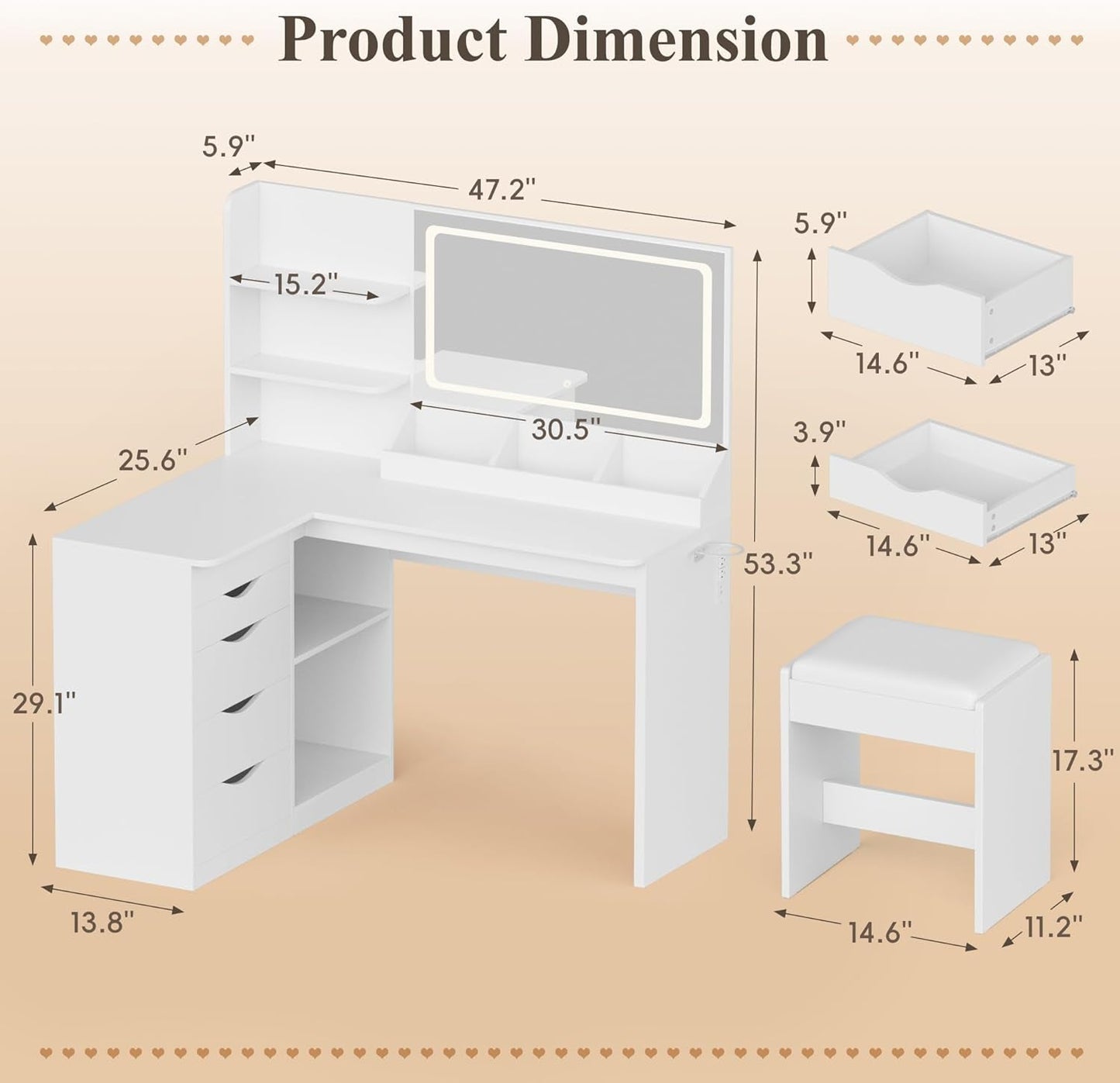 White L Shaped Vanity Desk With Builtin Illumination