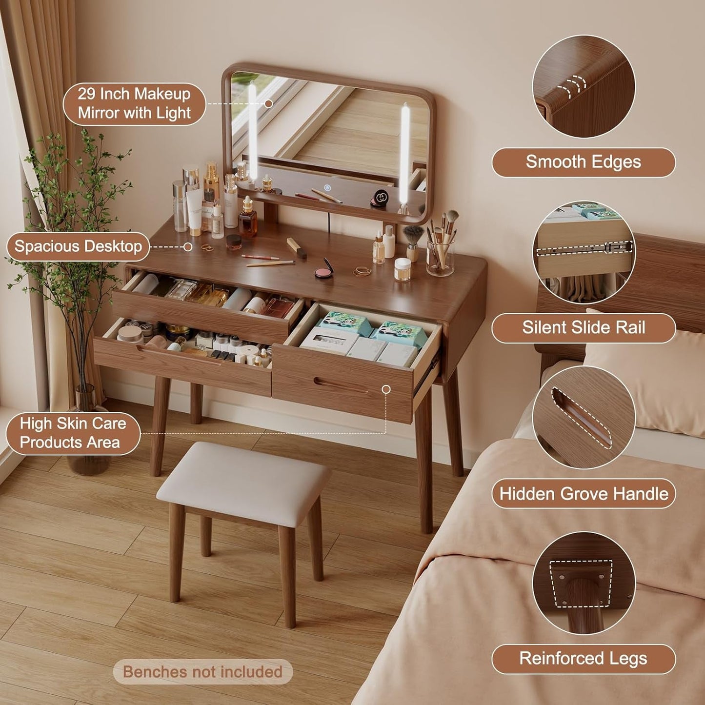 Walnut Solid Wood Vanity Desk With Illumination Pro