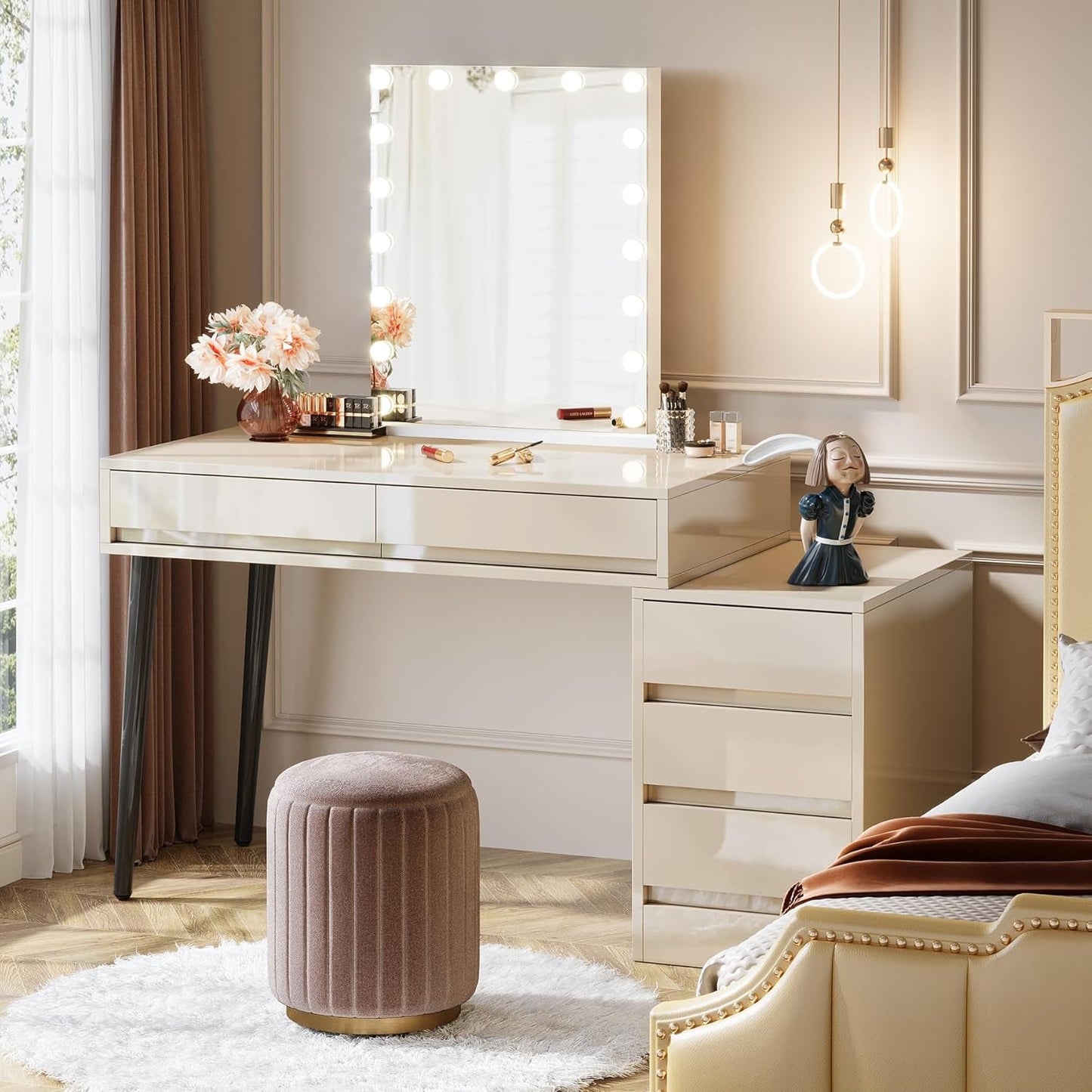 Glossy Beige Vanity Desk With Reversible FiveDrawers