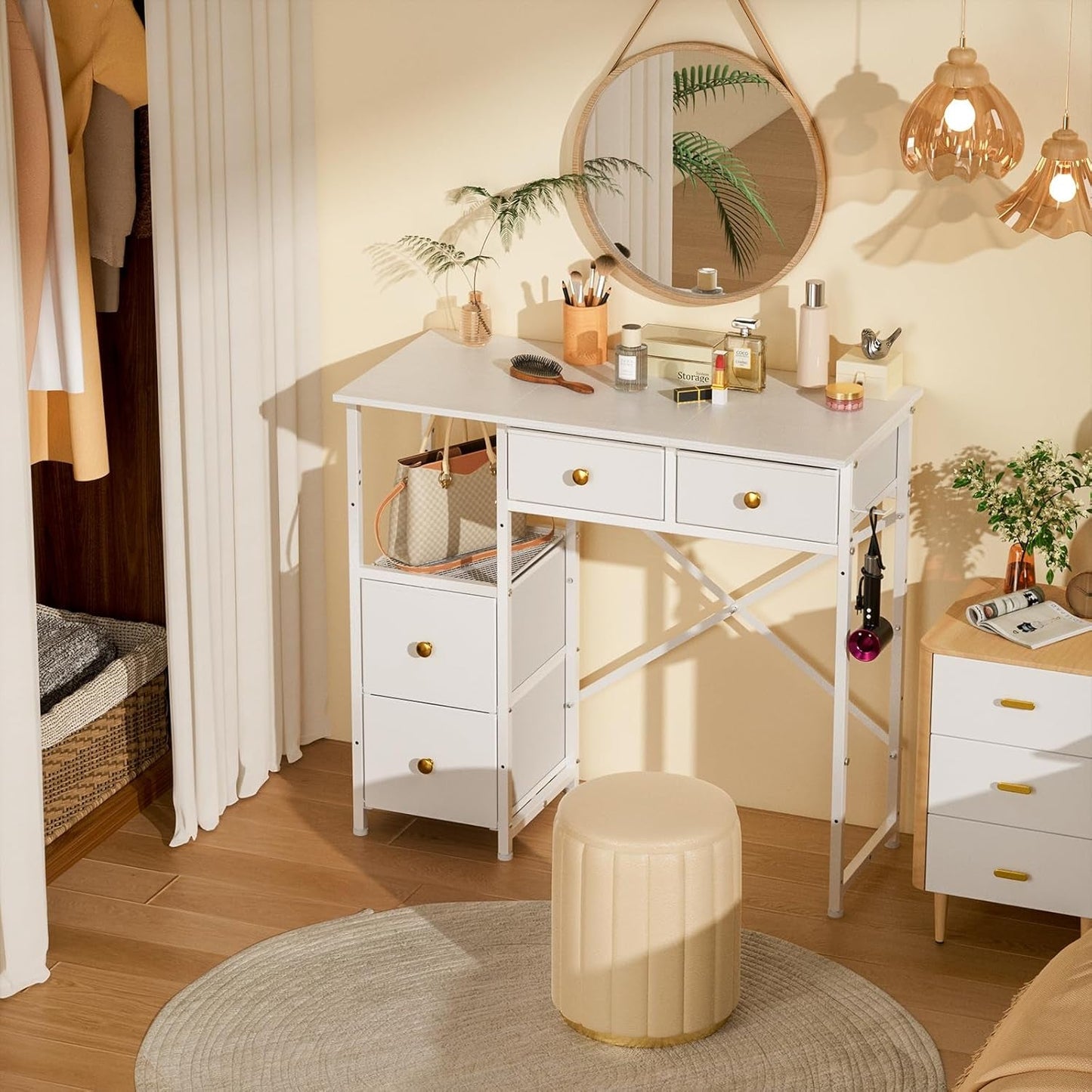 White Vanity Desk With Premium Fabric Drawers Storage