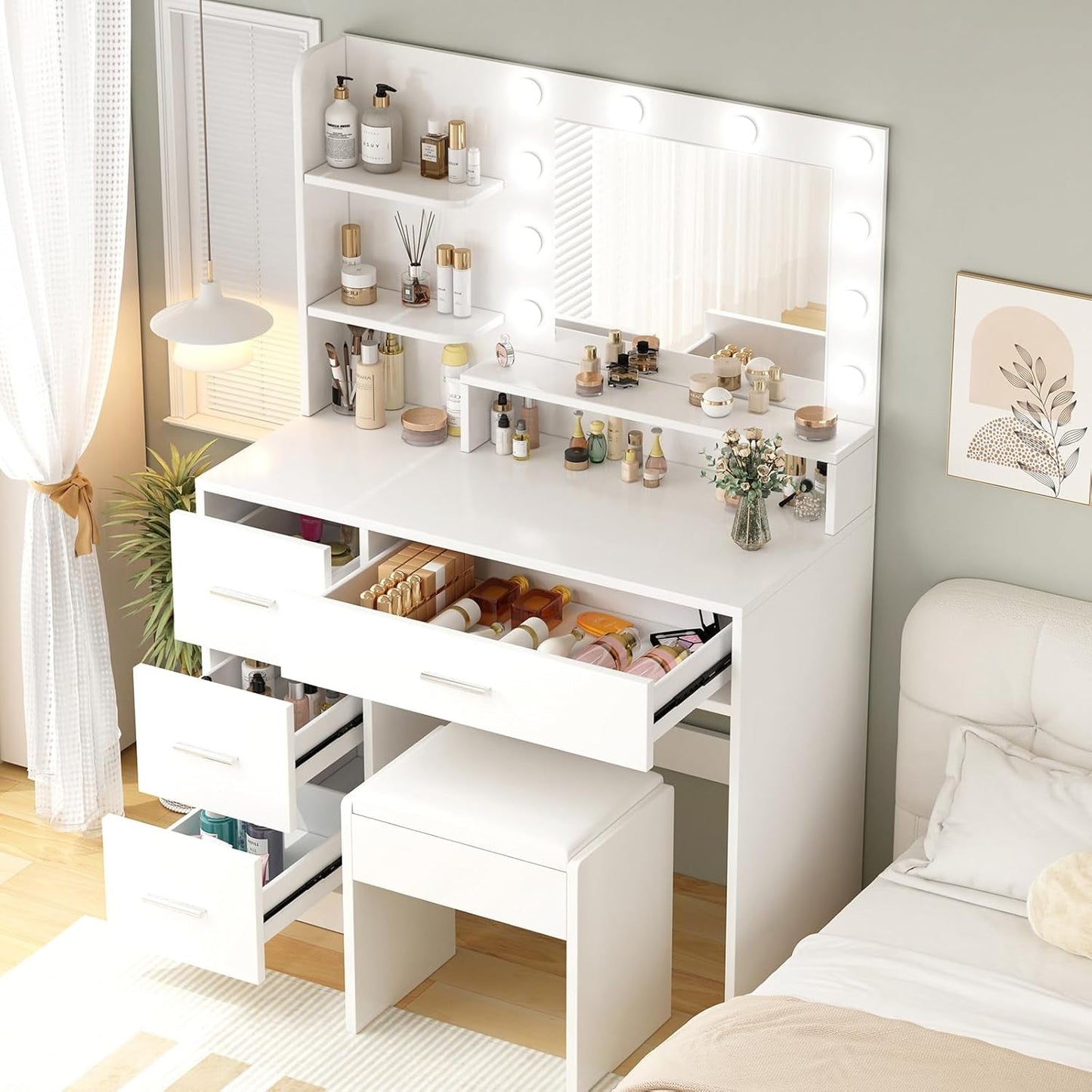 Luxurious White Vanity Desk Featuring LED Illumination