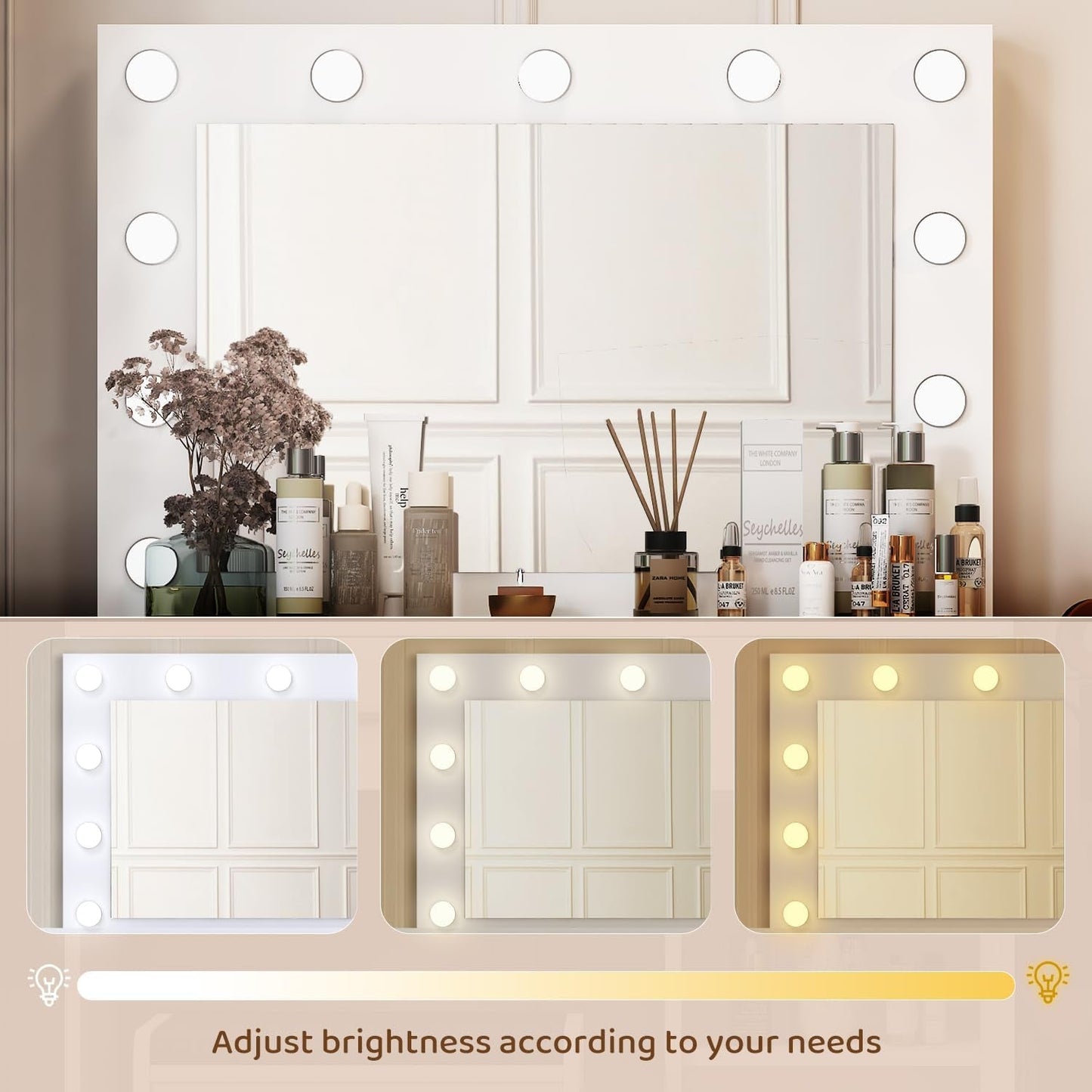 White Vanity Desk With Illuminated Mirror Lighting