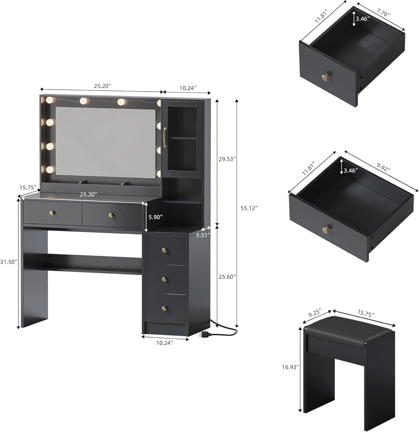 Black Vanity Featuring Lights And Charging Station