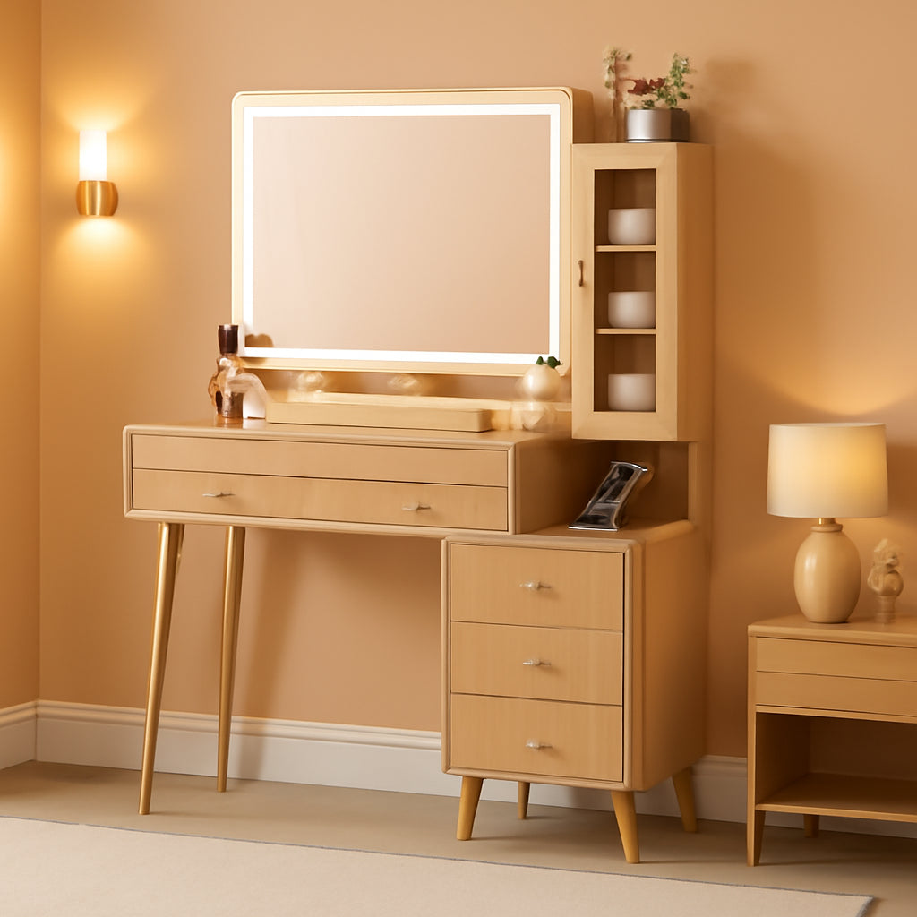 Oak Vanity Desk With Forty Six Inch Illuminated Mirror
