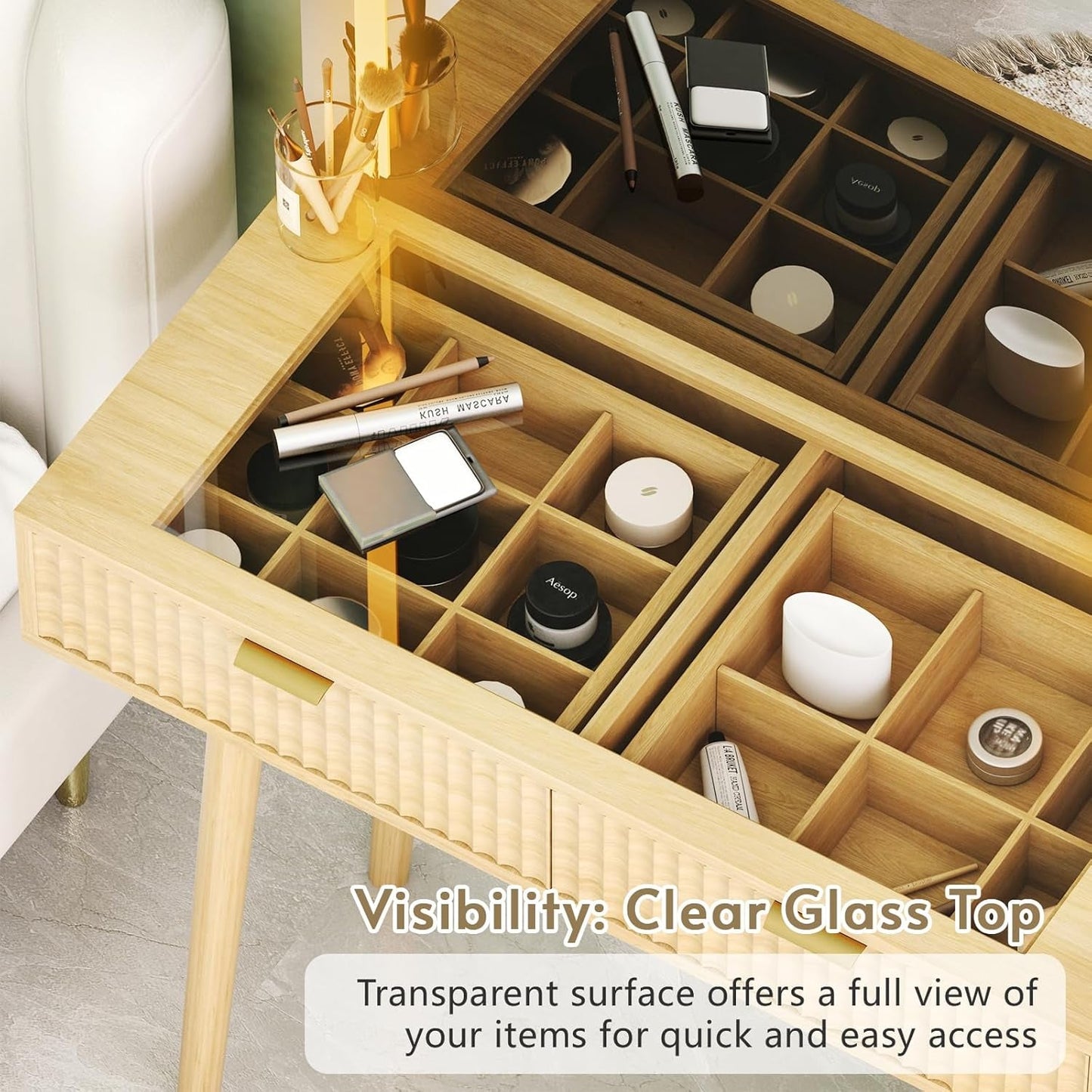 Forty Nine Inch Natural Oak Vanity Desk With Illumination