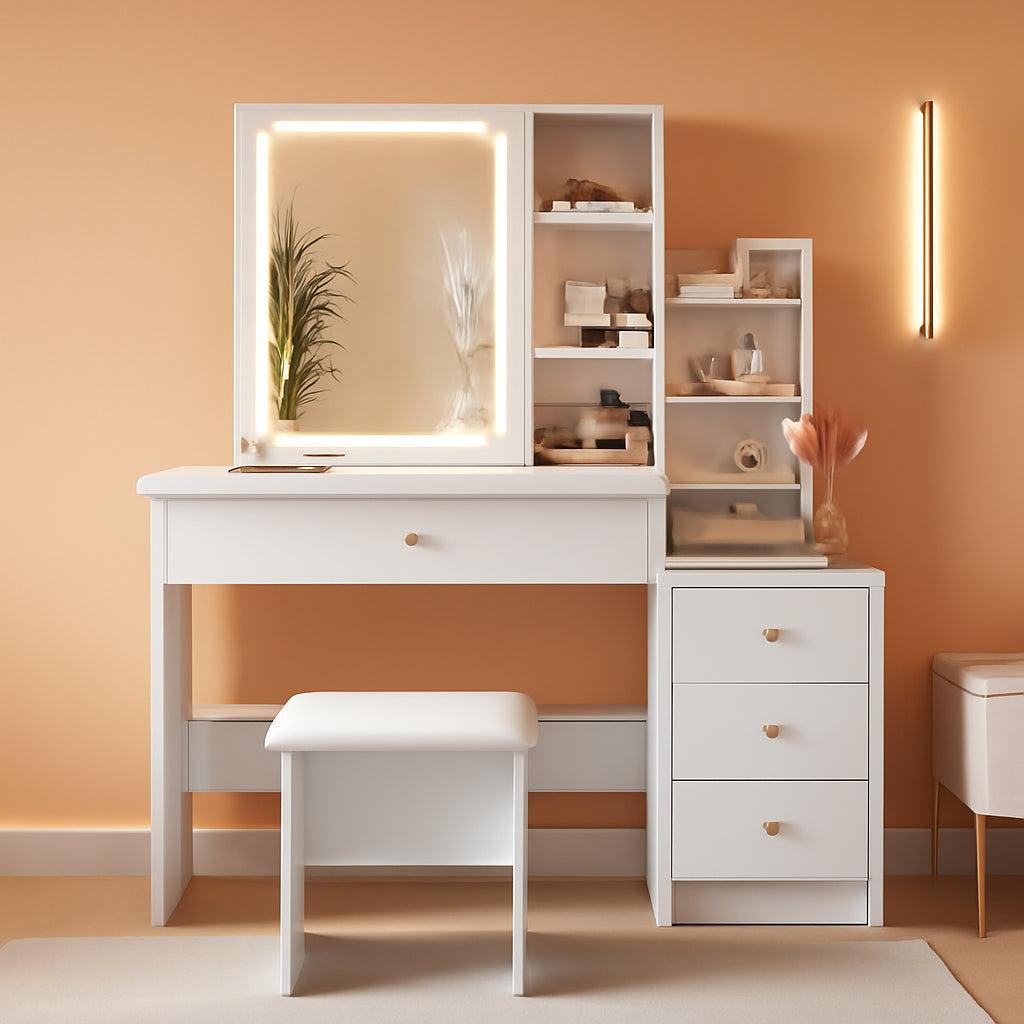 White Vanity Desk With LED Mirror Multi Compartment