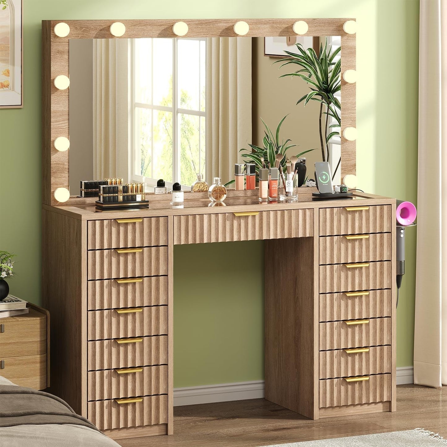Fluted Makeup Vanity Desk Glass Top Fifteen Drawers LED Natural